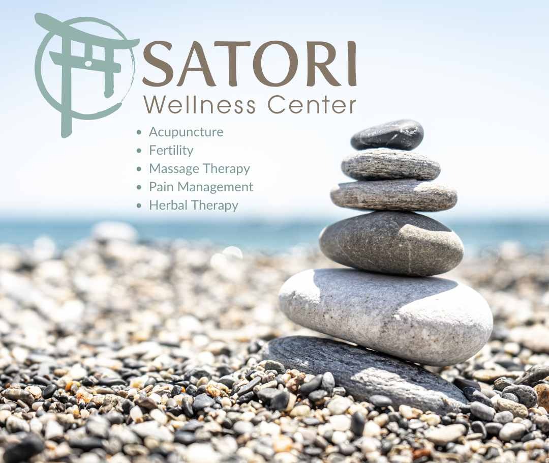 A stack of smooth stones atop a pebbled beach, with Satori Logo and service offerings